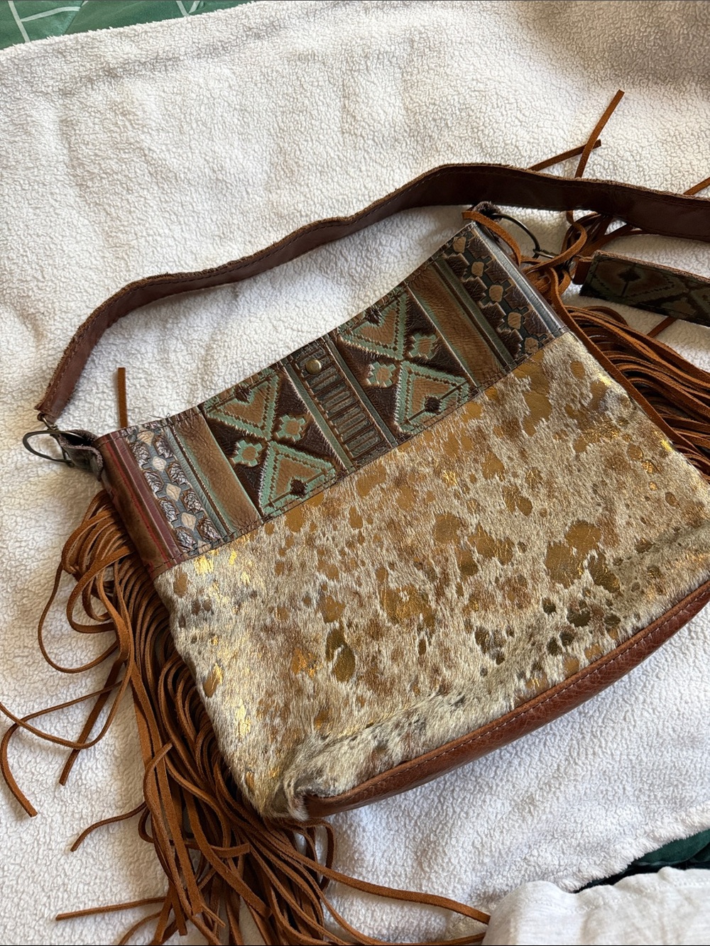 Fringed Cowhide Crossbody Bag with Aztec Accent in Brown and Gold